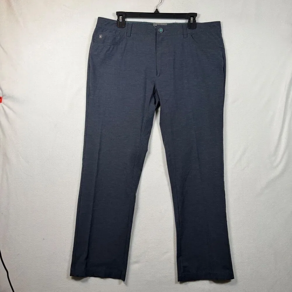 Linksoul Mens Pants 35x28 Blue Performance Stretch Golf Casual Flat Front 5 Pock